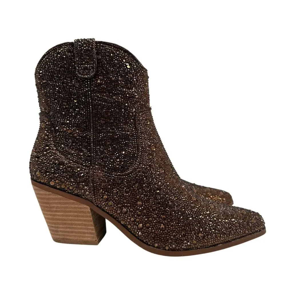 Betsey Johnson Western Boots Diva Womens 8 Shiny Brown Rhinestones Pointed Toe